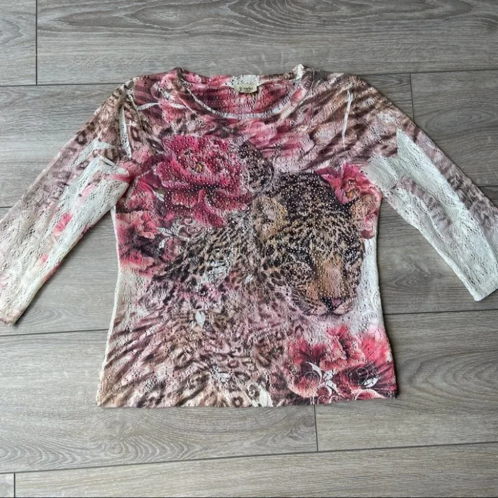 Vintage Cactus Tiger Print Embellished Open Knitted Top - Picture 4 of 14